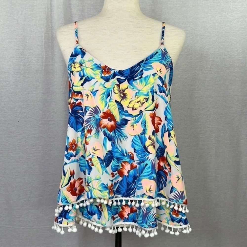 MMCMMCMM Women’s Blue Yellow Floral Layer Pom Pom Detail  Tank Top Sz M